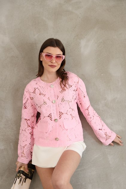 Women's Crochet Pink Crewneck Gold Buttoned Seasonal Cardigan