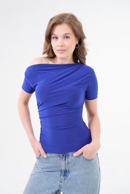Women's Boat Neck Drape Detailed Blue Crop Blouse 13433