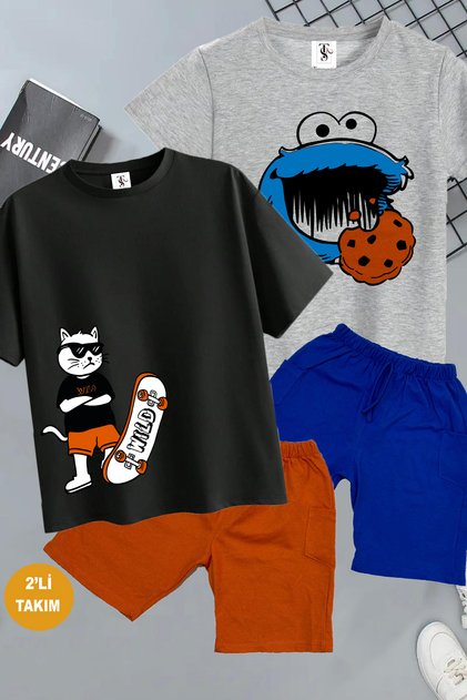 Cookie Monster and Cat with Skateboard Printed 2 Pieces Summer T-Shirt-Shorts Children's Set