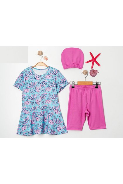 Floral Patterned Boned Shorts Girls' Swimsuit Set