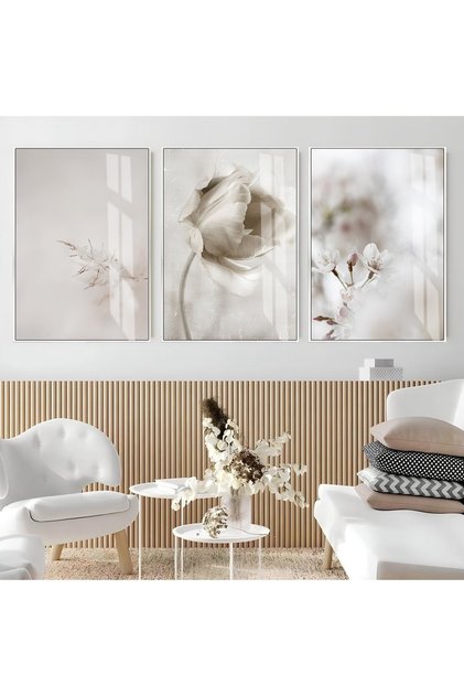 HARİKABİREV|SOFT| BİTKİ ÇİÇEK KOMBİNİ (elegant) |ÇERÇEVELİ CAM TABLO 3LÜ DİKEY