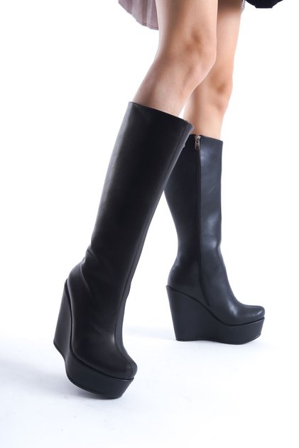 Bounty ; Black Matte Leather, 12 cm Wedge Heeled Women's Boots