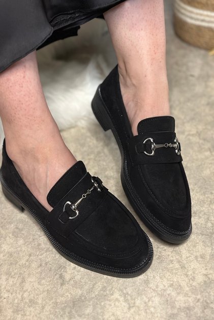 Daily Black Suede Platinum Women's Loafer Classic Patterned Sole Buckle Oval Toe Moccasin Shoes 120