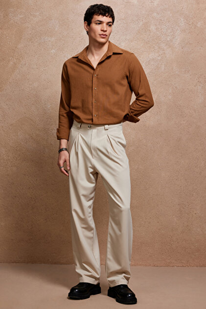 Camel Slim Fit %100 Keten Erkek Gömlek