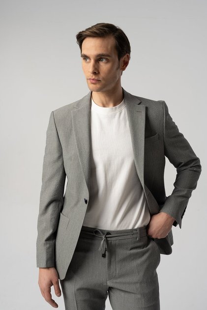 Comfortable Fit Trousers Lace-Up Gray Striped Seersucker Sports Set 10001-17