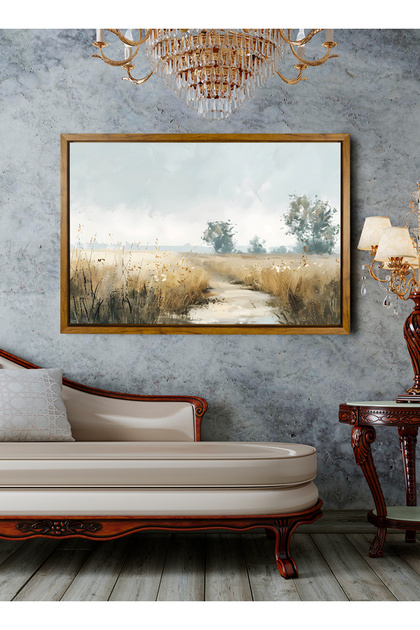 Canvas Wall Art Stretched Over Wooden and Wood Color Floating Frame and Quiet Countryside Painting