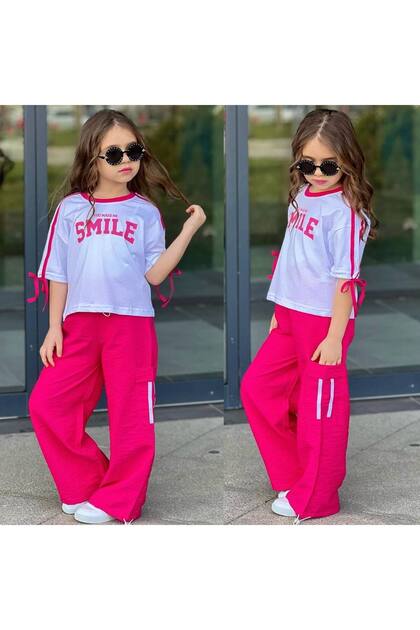 Girl's Tracksuit Set Parachute Fabric Bottom Combed Top 2-Piece Set Fuchia Color