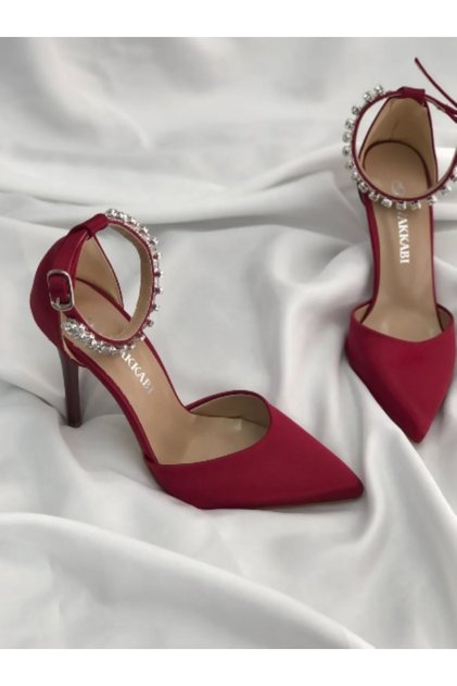 Red Satin Heeled Stone Stiletto Evening Dress Shoes Heel Height 9 cm
