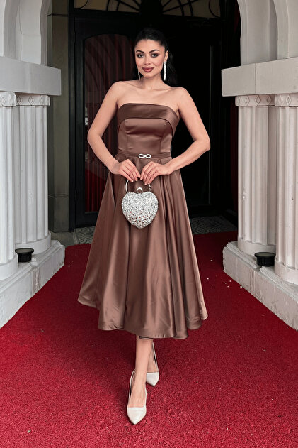 brown midi satin dress Sana Brown Satin Sleeveless Midi Dress main image 0