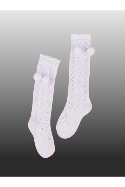 1-Piece Baby Girl Pom Pom Ribbon Detailed Knee Socks White