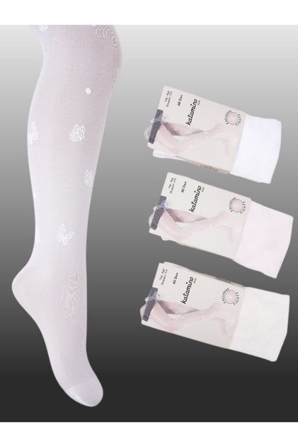 1 Pack Girls Thin Butterfly Pattern Detailed Pantyhose White