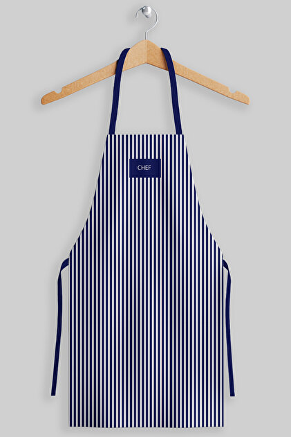 Ays Home Large Size Navy Blue Pinstriped Fabric Apron