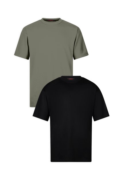Erkek 2'li Paket Oversize Fit Bisiklet Yaka Basic Siyah - Haki T-Shirt