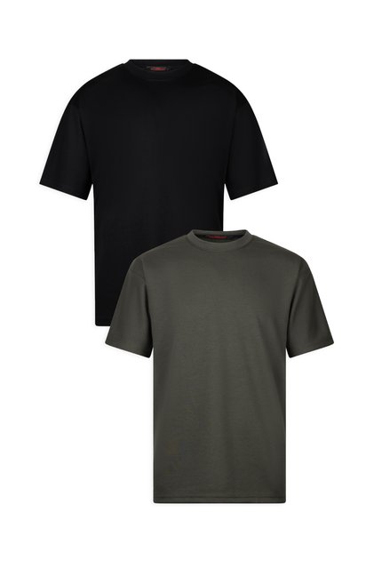 Erkek 2'li Paket Oversize Massimo Kalın Tok Kumaş Bisiklet Yaka Basic Siyah - Haki T-Shirt