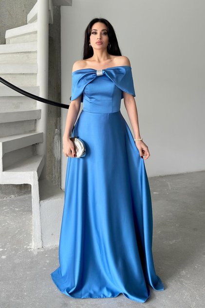 Blue Evening Dress with Stone Front and Bow Detail