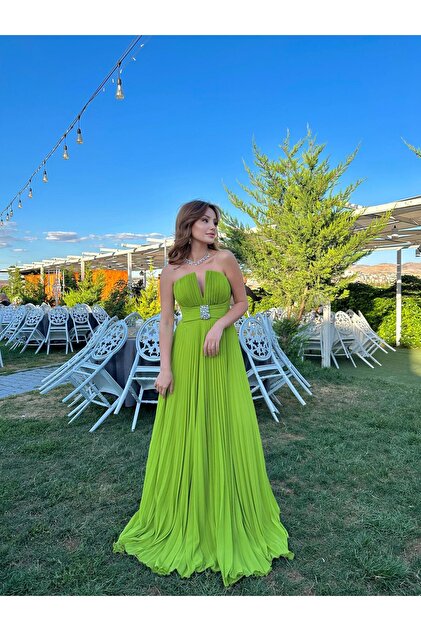 CARMEN Pistachio Green Chiffon Belt Detailed Long Evening Dress- Trendyol