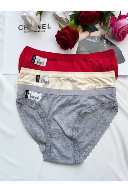 Set of 3 Lace Detailed Panties - Red Ecru Gray