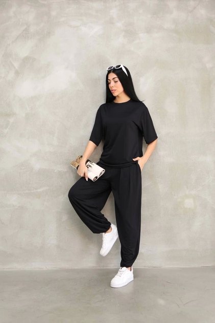 Soft Textured Fabric Oversize Crew Neck T-Shirt Jogger Sweatpants Tracksuit Set - Black