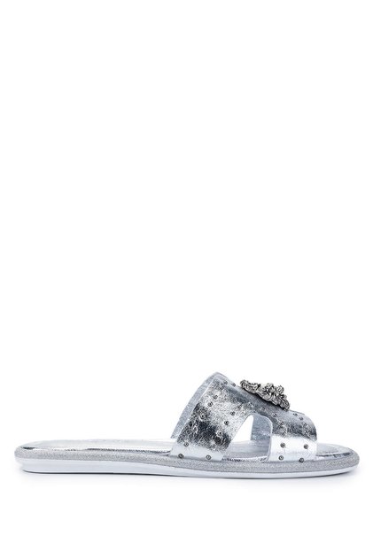 Women's Genuine Leather Gray Flat Slippers