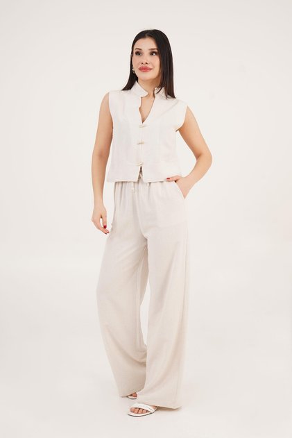 Gold Button Detail Judge Collar Vest and Trousers Stone Double Set