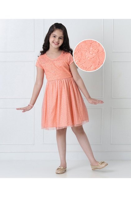 Half Sleeves Lace & Sequin Mesh Party Dress - Peach