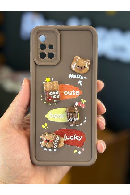 Galaxy M51 Case Designed Patterned Camera Protected Teddy Bear Coffee Soft Silicone Cover