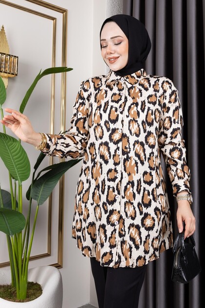 Women's Hijab Clothing & Sportswear Suitable Button Detail Stylish Patterns Woven Viscose Shirt-Tunic