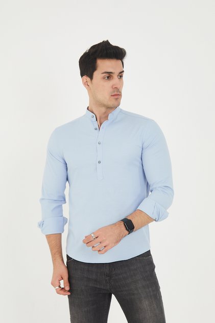 Cămașă pentru bărbați, albastră, cu jumătate de pat, cu guler, din lycra, slim fit