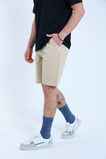Men's Beige Parachute Fabric (Woven) Shorts with Side Pocket Detail and Elastic Waist Bermuda