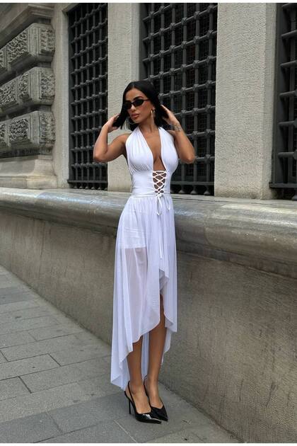 Women's Halter Deep Cut Out Backless Corset Asymmetrical Tulle Dress with Shorts