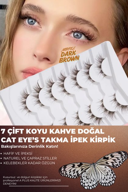 NATUREL TAKMA İPEK KİRPİK DARK BROWN 7 ÇİFT HAZIR DEMET-YUMUŞAK VE HAFİF ÇAPRAZ STİLLER CAT EYE'S