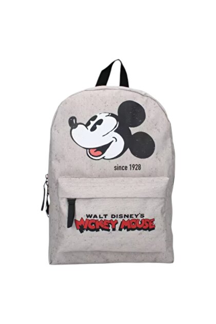 Ghiozdan copii Mickey Mouse, 2 fermoare, 33x23x9 cm, Gri deschis
