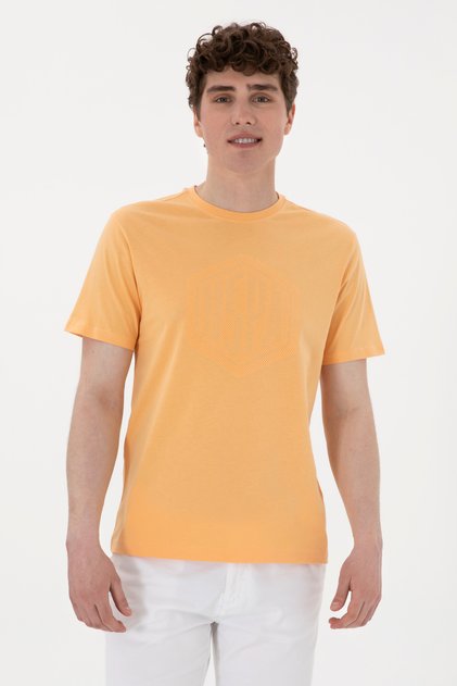 تي شيرت رجالي ذو قصة عادية وياقة دائرية برتقالية 50300382-VR202