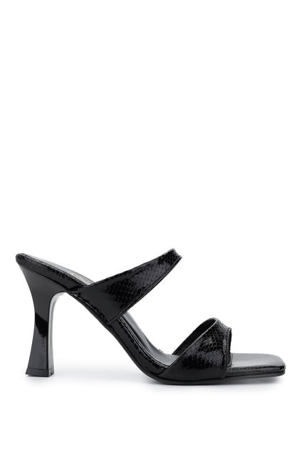 Women's Vegan Black Snake Pattern Heeled Slippers