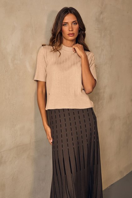 Short Sleeve Crew Neck Soft Textured Stone Color Knitwear Blouse