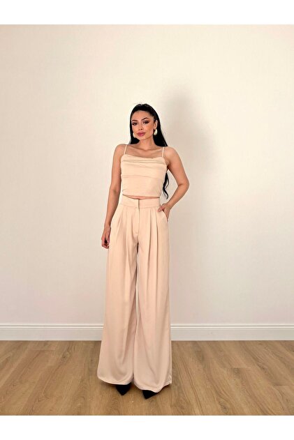 MSSCXFASHON Women's Evening Dress Rope Strap Back Low-cut Bustier  Pleated Wide-Leg Pants Suit Evening Dress Graduation- Trendyol