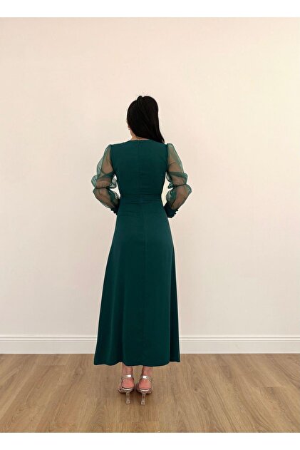 MSSCXFASHON Women's Evening Dress Tulle Transparent Sleeve Detail Front  Slit Buttoned Midi Dress Evening Dress & Graduation Dress- Trendyol