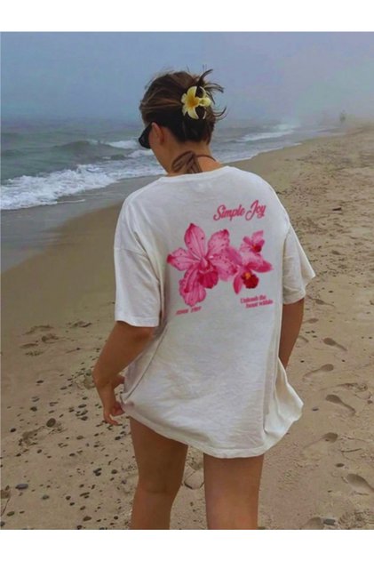 تي شيرت نسائي بسيط Joy Pink Flower Back مطبوع كبير الحجم