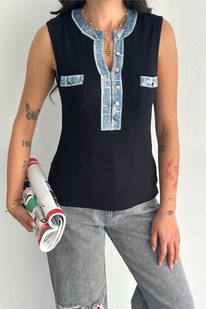 Women's Black Denim Detailed Sequin Embroidered 100% Cotton Sleeveless Knitwear Blouse