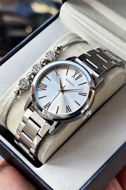 Özel Kutulu Kadın Kol Saati Su Geçirmez Gümüş Renk Çelik Kordon Hediye Bileklik Hmby2052C1
