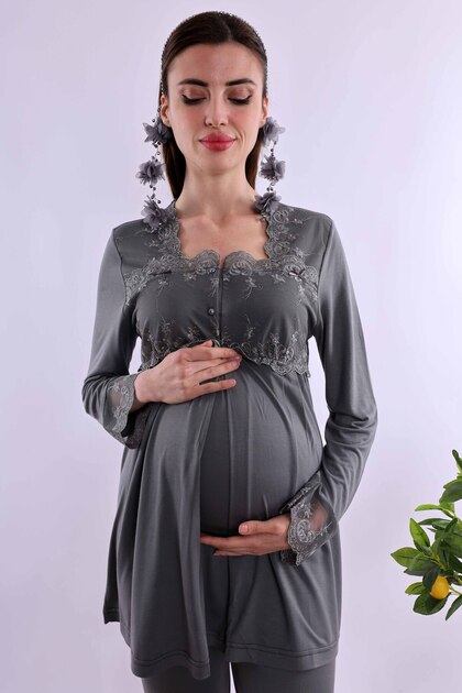Breastfeeding-Friendly Cotton Maternity Pajama Set - Elastic Waist Effortt - Smoked