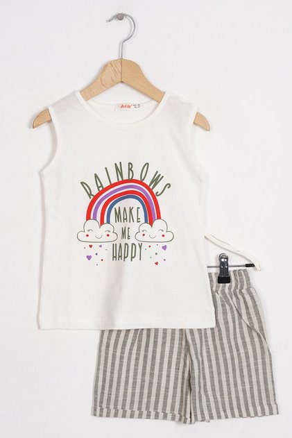 Zero Sleeve Rainbow Printed Striped Ecru Khaki Color Girls Shorts Suit