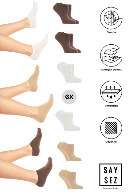 Bamboo Women's Sneaker White-Brown-Beige Socks Seamless Invisible Ankle Sports Socks Premium Pack of 6