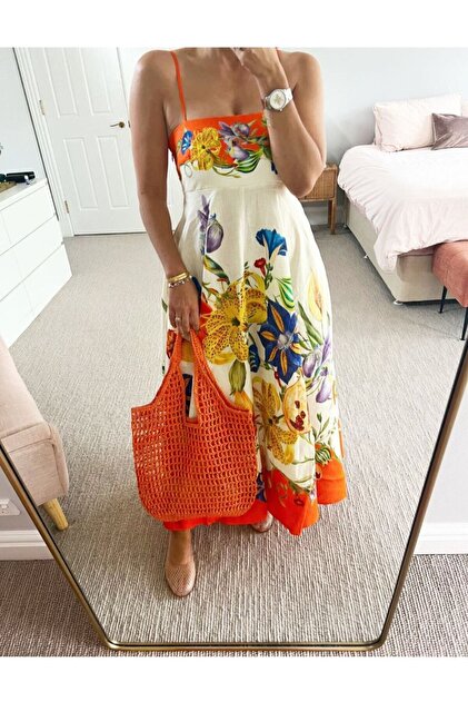 Strappy Square Neck Back Gimped Multicolor Patterned Lined Maxi Dress