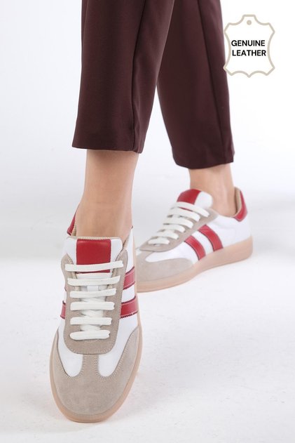 Tindra Genuine Leather Red Color Striped Women's Sports Shoes
