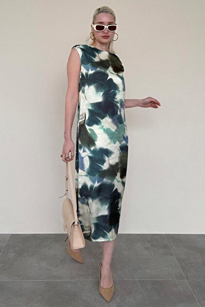 Green Patterned Midi Length Women's Dress Mg2377