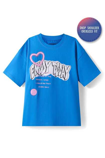 Primo Gino Cotton Oversized Drop Shoulder T-Shirt With Text Print - Blue