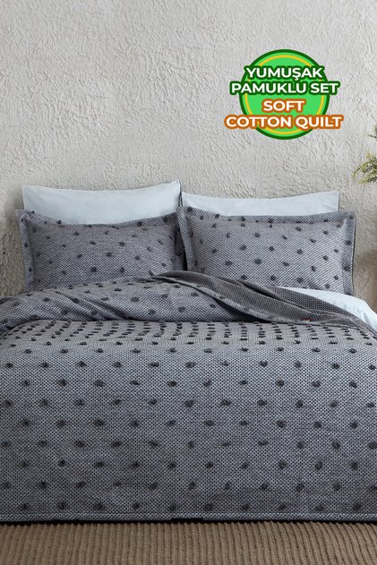 Ash Pique Set (Bed Cover) Double Cotton 3 Pieces Soft Daily Gray