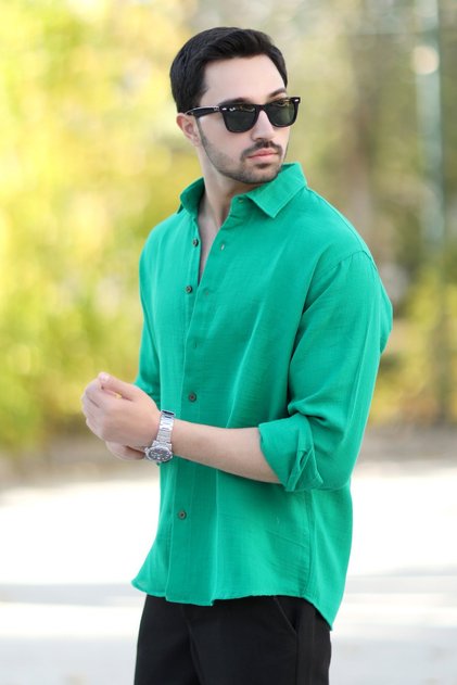 Men's Cotton Blended Pocketless Muslin Shirt Green - 16701