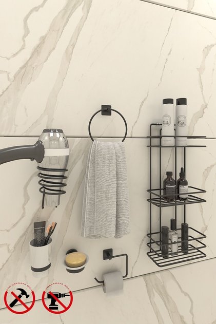 TŞ03SET Lifetime Stainless Adhesive Bathroom Corner, Shampoo Rack Hav.tuvalt.fön.brush-soap